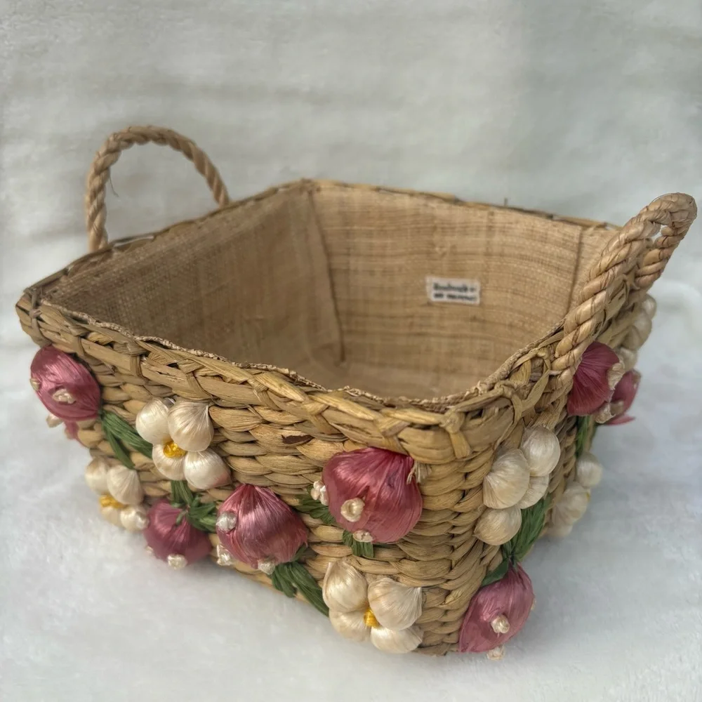 Vintage Handmade Straw Basket w/ Strawberry & Floral with Raffia Trim Handles